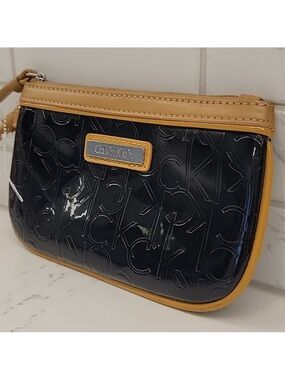 Calvin Klein Black Patent Wristlet with Tan Trim